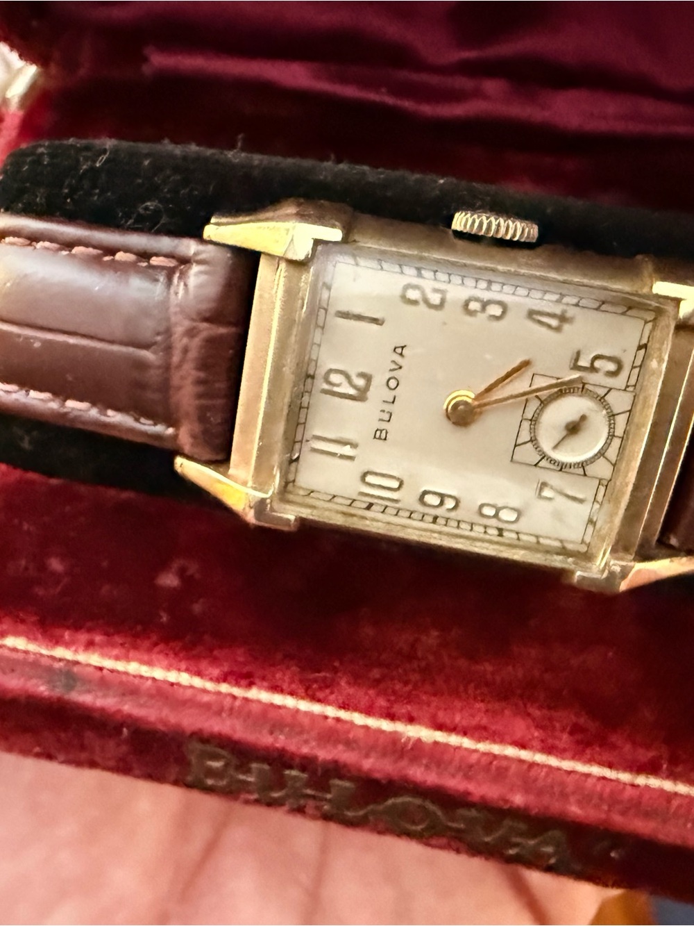 Bulova Gold-Tone Rectangular Watch with Brown Leather Strap